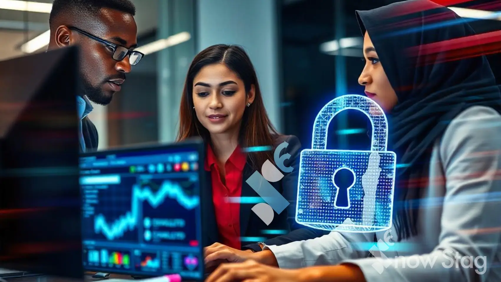a team of cybersecurity experts reviewing and monitoring the security of the client